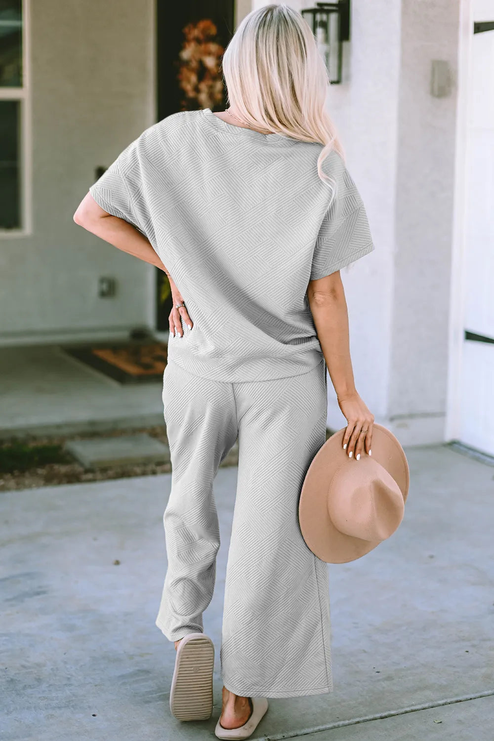 Double Take Full Size Texture Short Sleeve Top and Pants Set - Draped in Grace