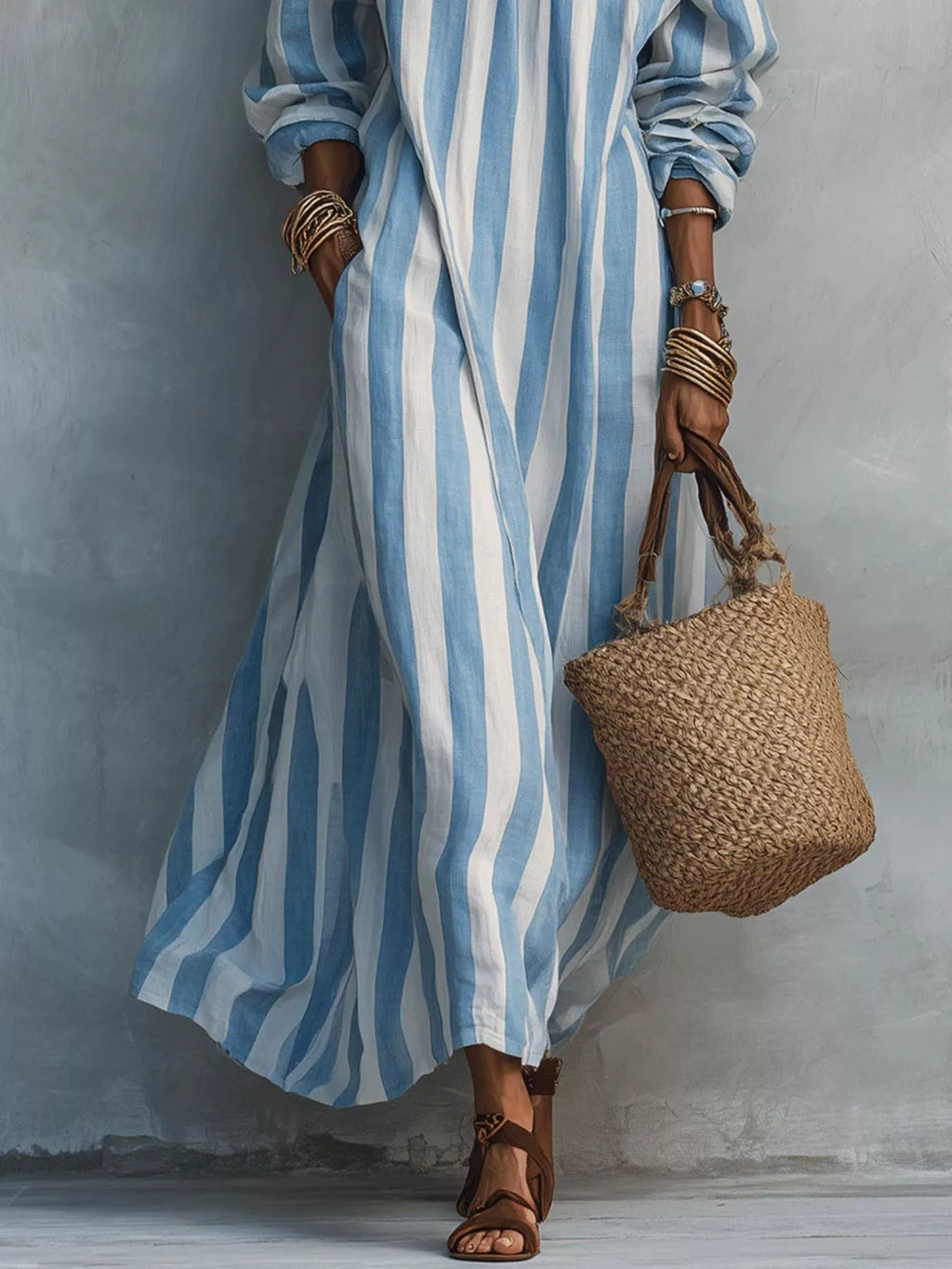 Off-Shoulder Striped Dress with Pockets - Draped in Grace
