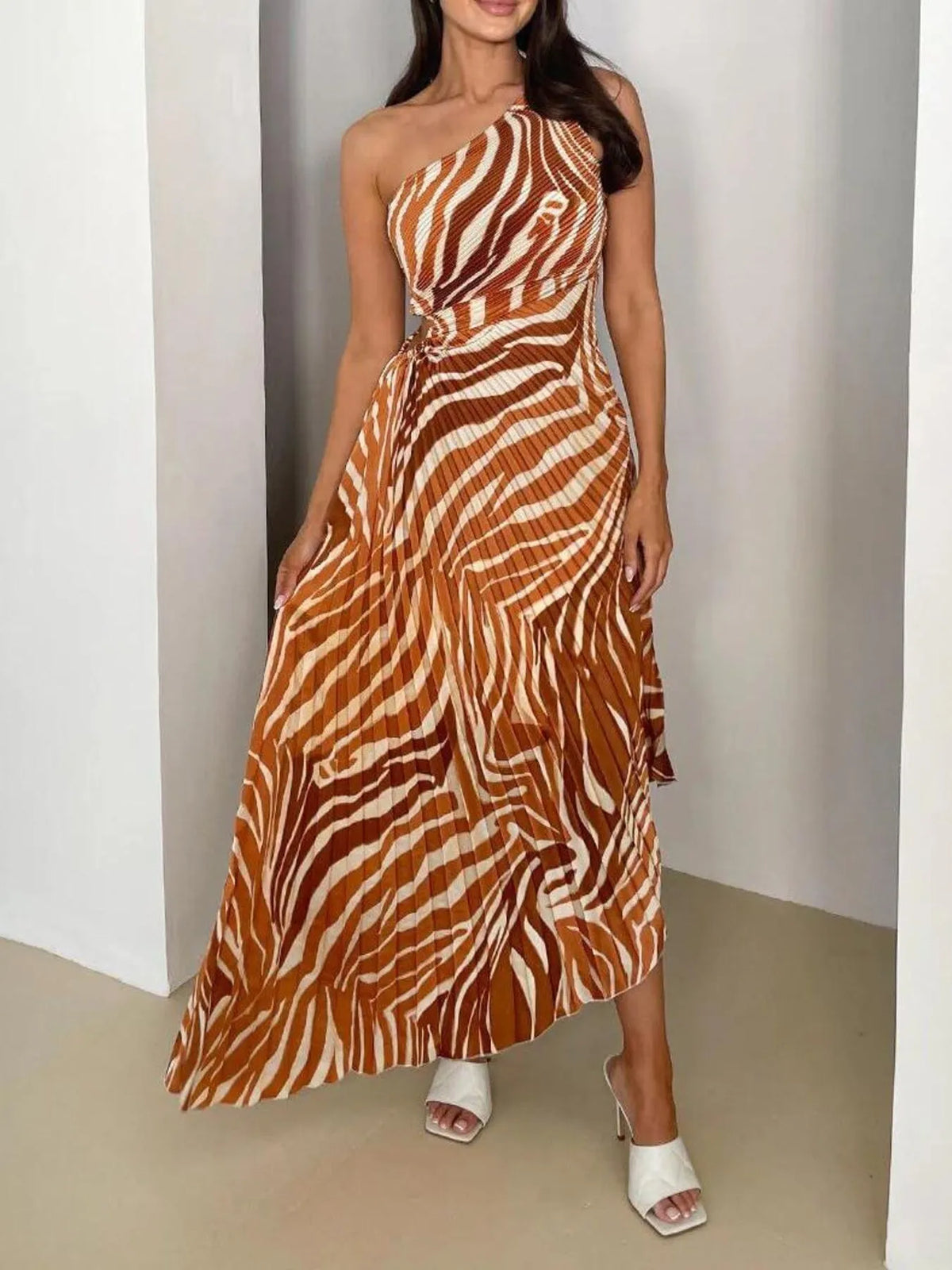 Printed One Shoulder Asymmetrical Maxi Dress - Draped in Grace