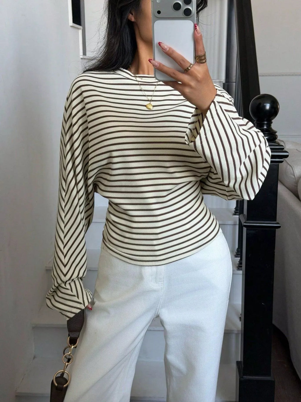Casual Striped Batwing Sleeve T-Shirt - Draped in Grace