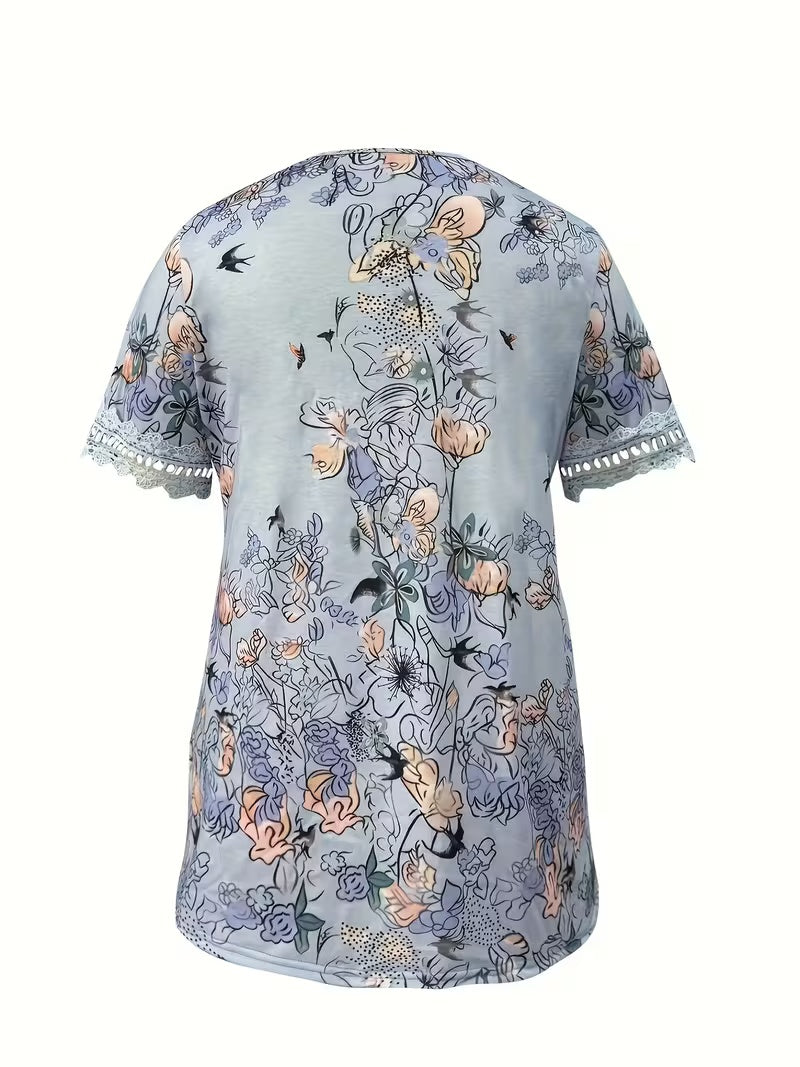 Plus Size Fashion Casual Elegant Lace Patchwork Short Sleeve T-Shirt - Draped in Grace