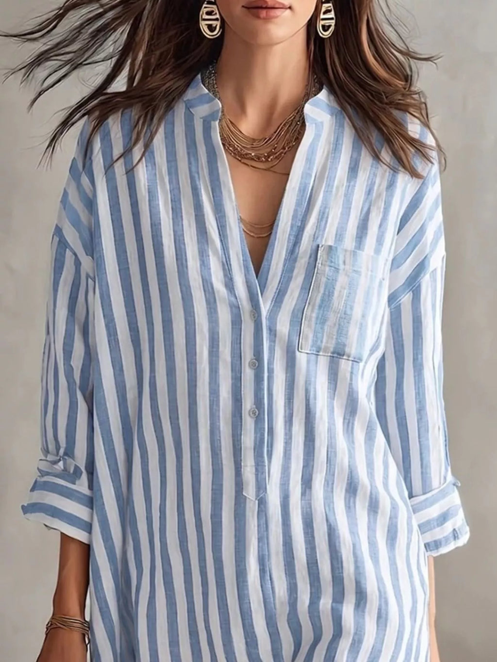 Full Size Striped 3/4 Sleeve Shirt Dress Plus Size - Draped in Grace
