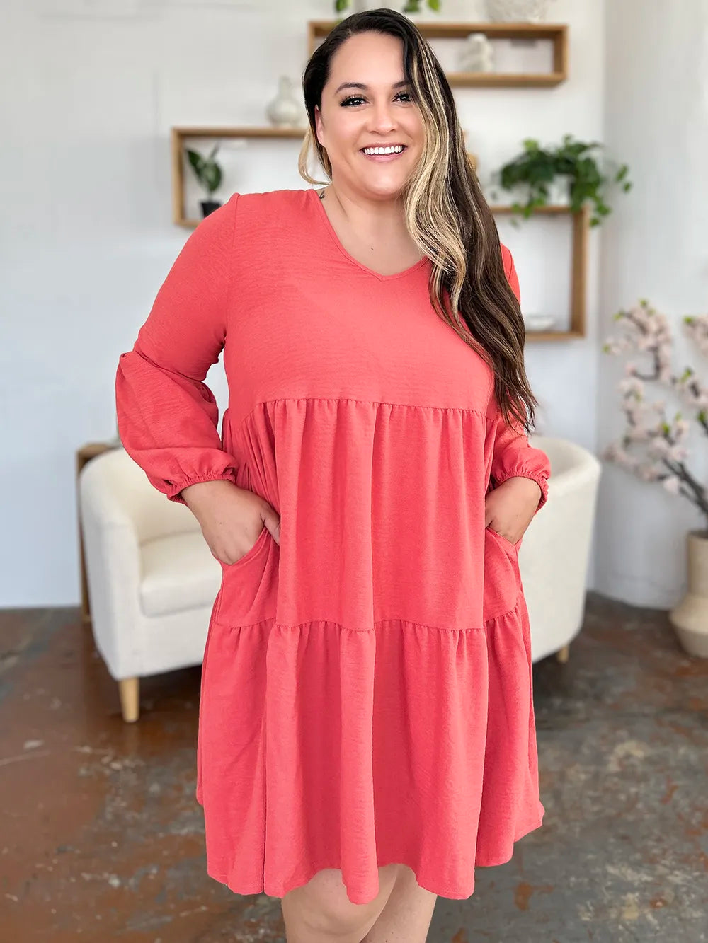 Double Take Full Size V-Neck Balloon Sleeve Tiered Dress with Pockets - Draped in Grace