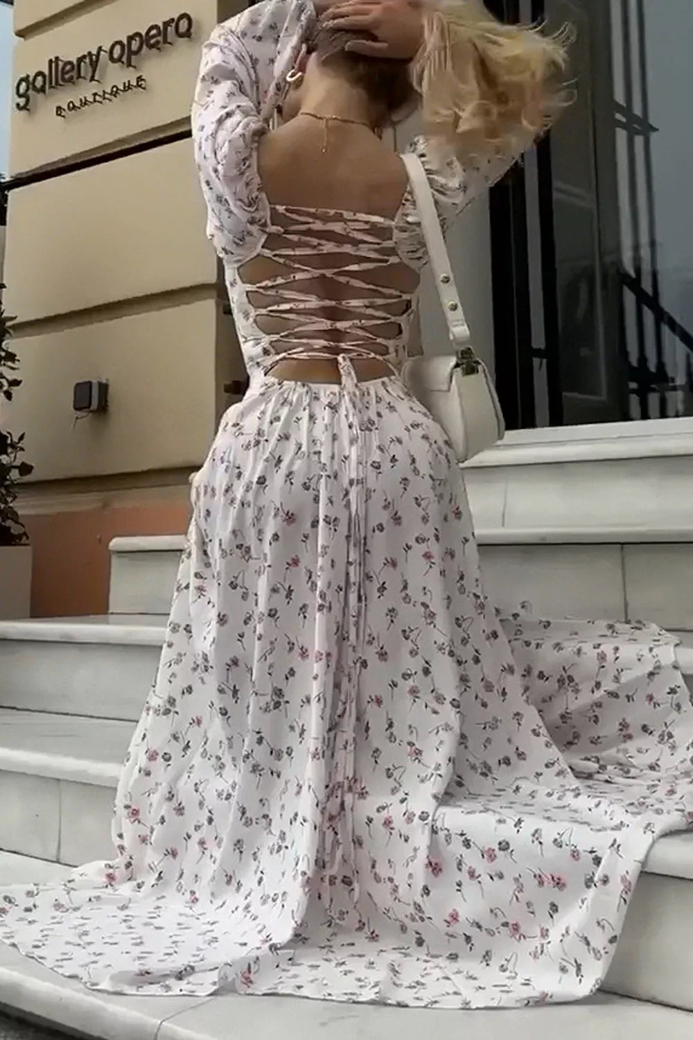 Floral Print Lace Up Back Slit Maxi Dress - Draped in Grace