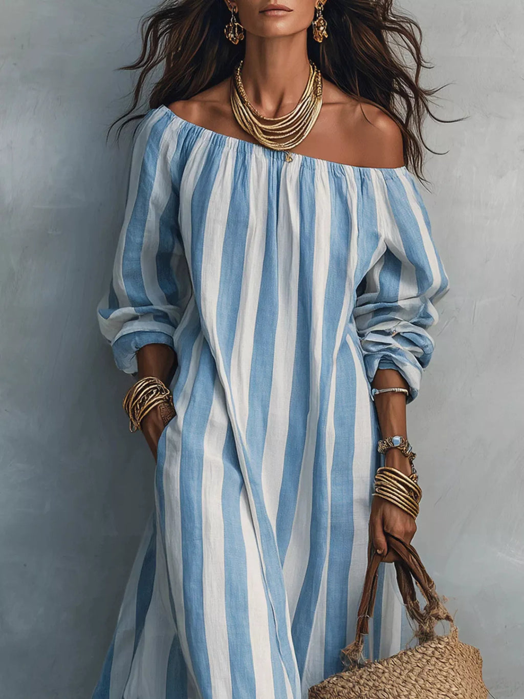 Off-Shoulder Striped Dress with Pockets - Draped in Grace