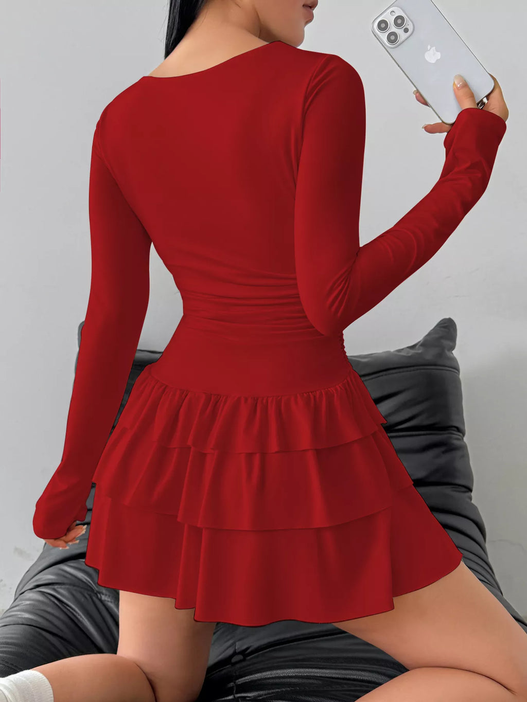 Ruched Long Sleeve Layered Ruffle Mini Dress - Draped in Grace