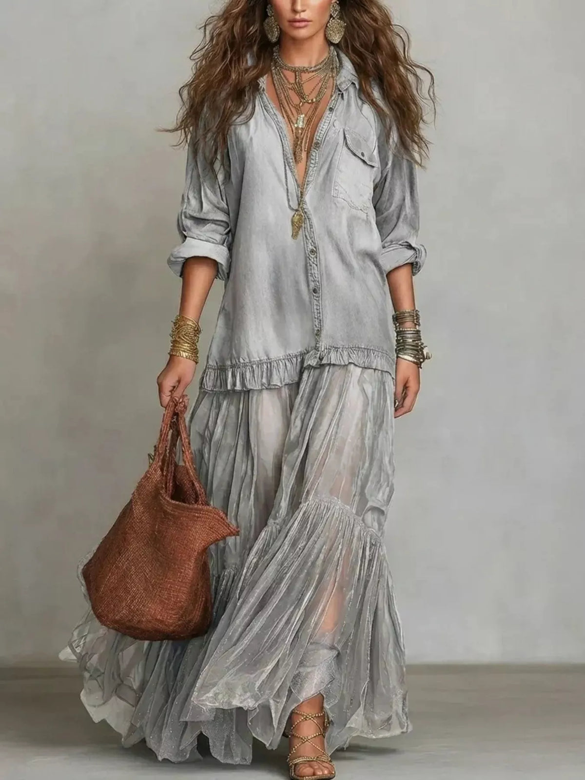 Full Size Tiered Long Sleeve Denim Shirt Maxi Dress Plus Size - Draped in Grace