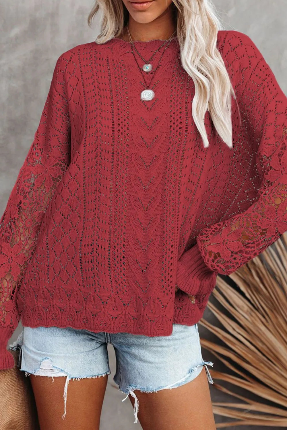 Openwork Round Neck Long Sleeve Sweater - Draped in Grace