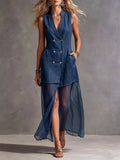 Sleeveless Double-Breasted Denim Maxi Dress - Draped in Grace