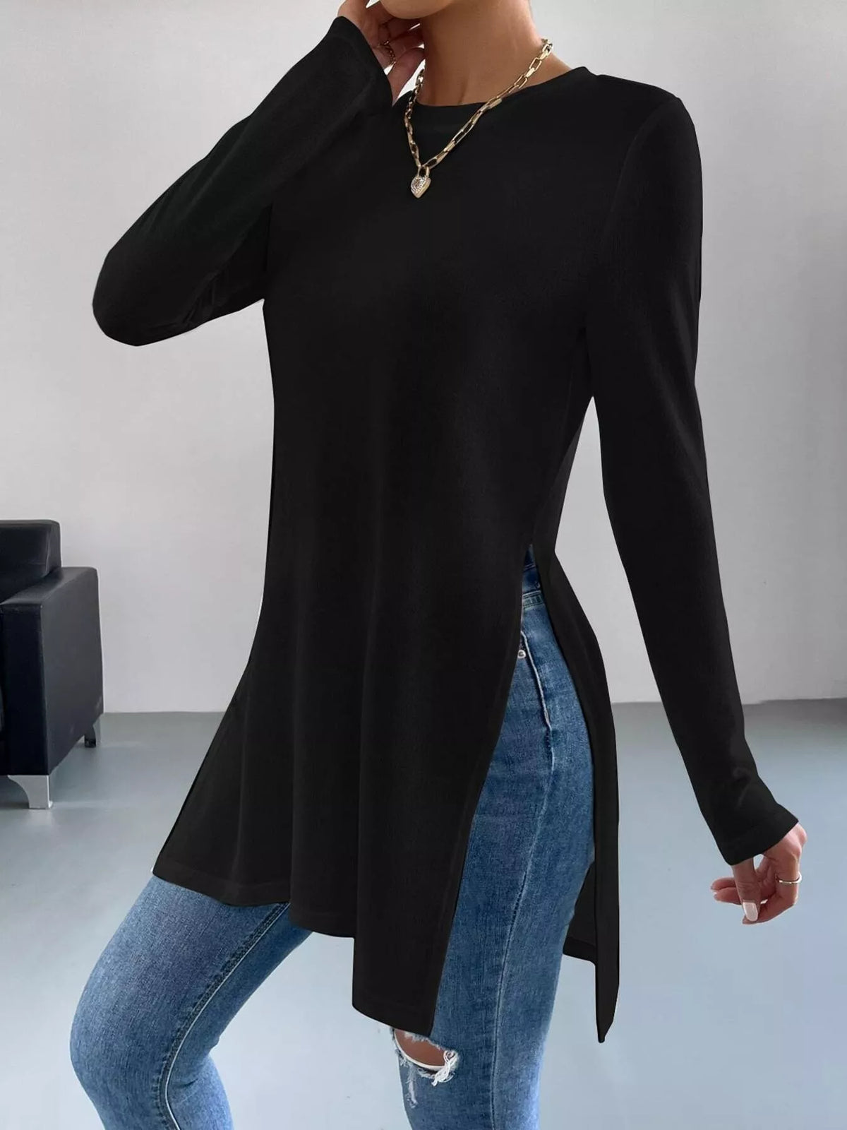 Long Sleeve Side Slit T-Shirt - Draped in Grace