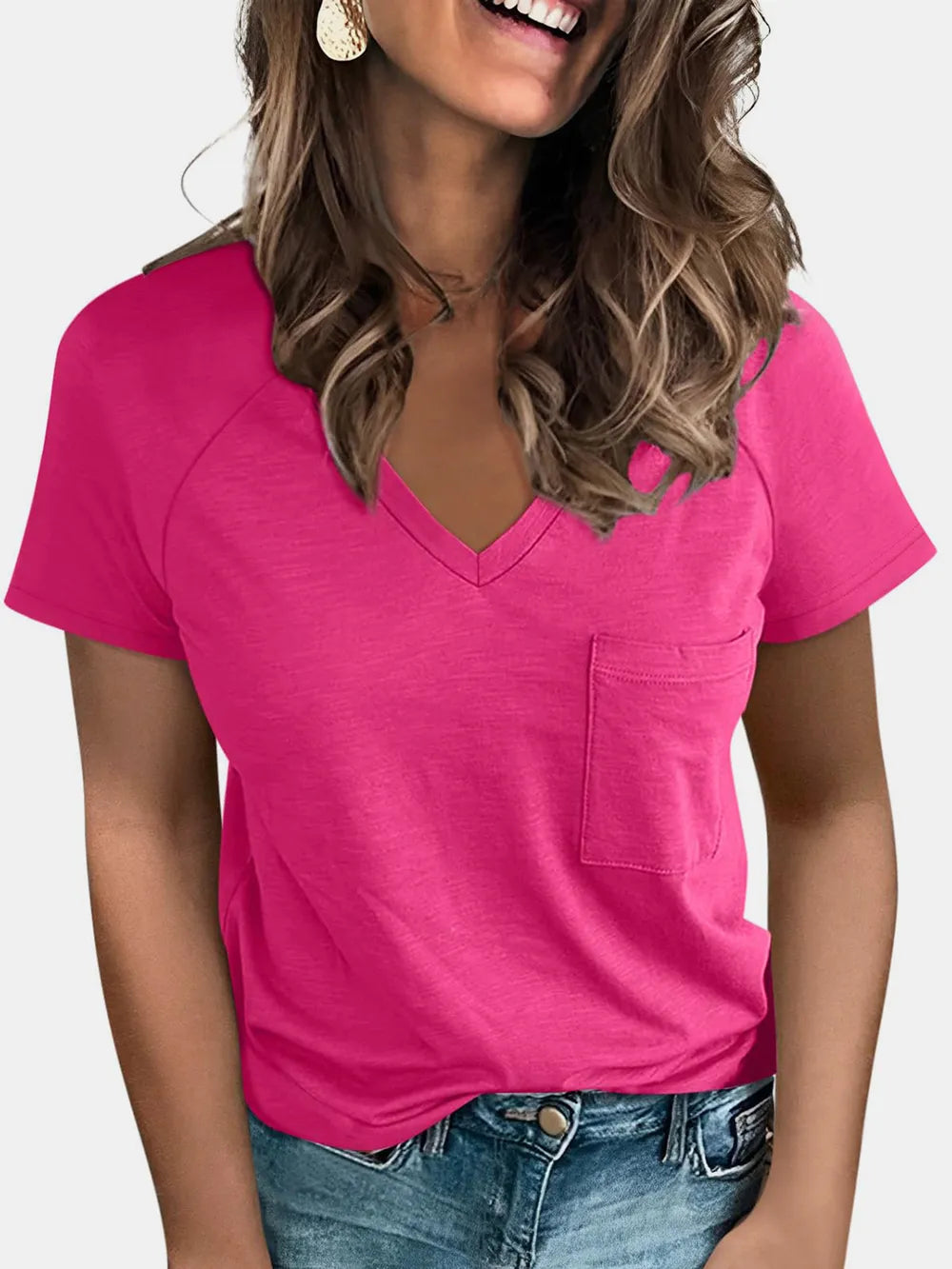 Pocketed V-Neck Short Sleeve T-Shirt - Draped in Grace