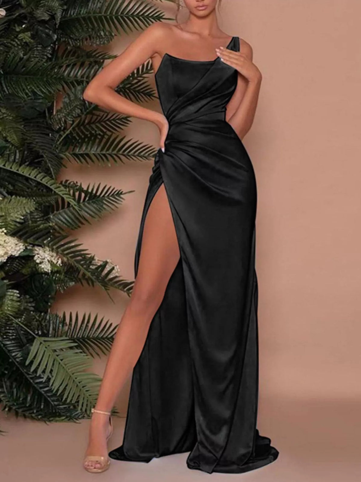 One-Shoulder Satin Maxi Dress with High Slit - Draped in Grace