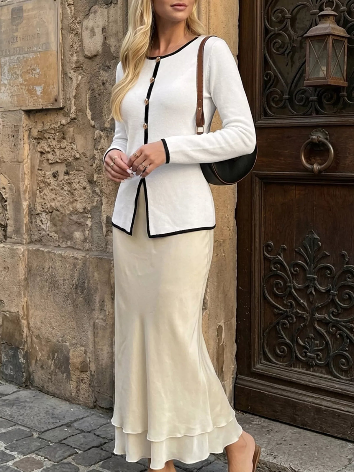 Contrast Trim Button Decor Knit Top - Draped in Grace