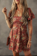 Floral Puff Sleeve Square Neck Knot Open Back Mini Dress - Draped in Grace