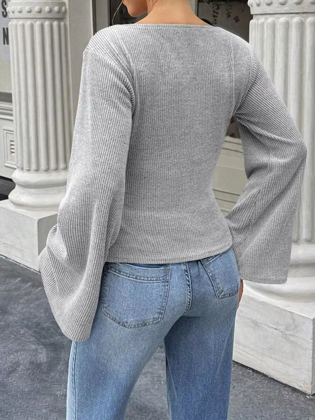Ribbed Flare Sleeve Top with Ruched Detail - Draped in Grace