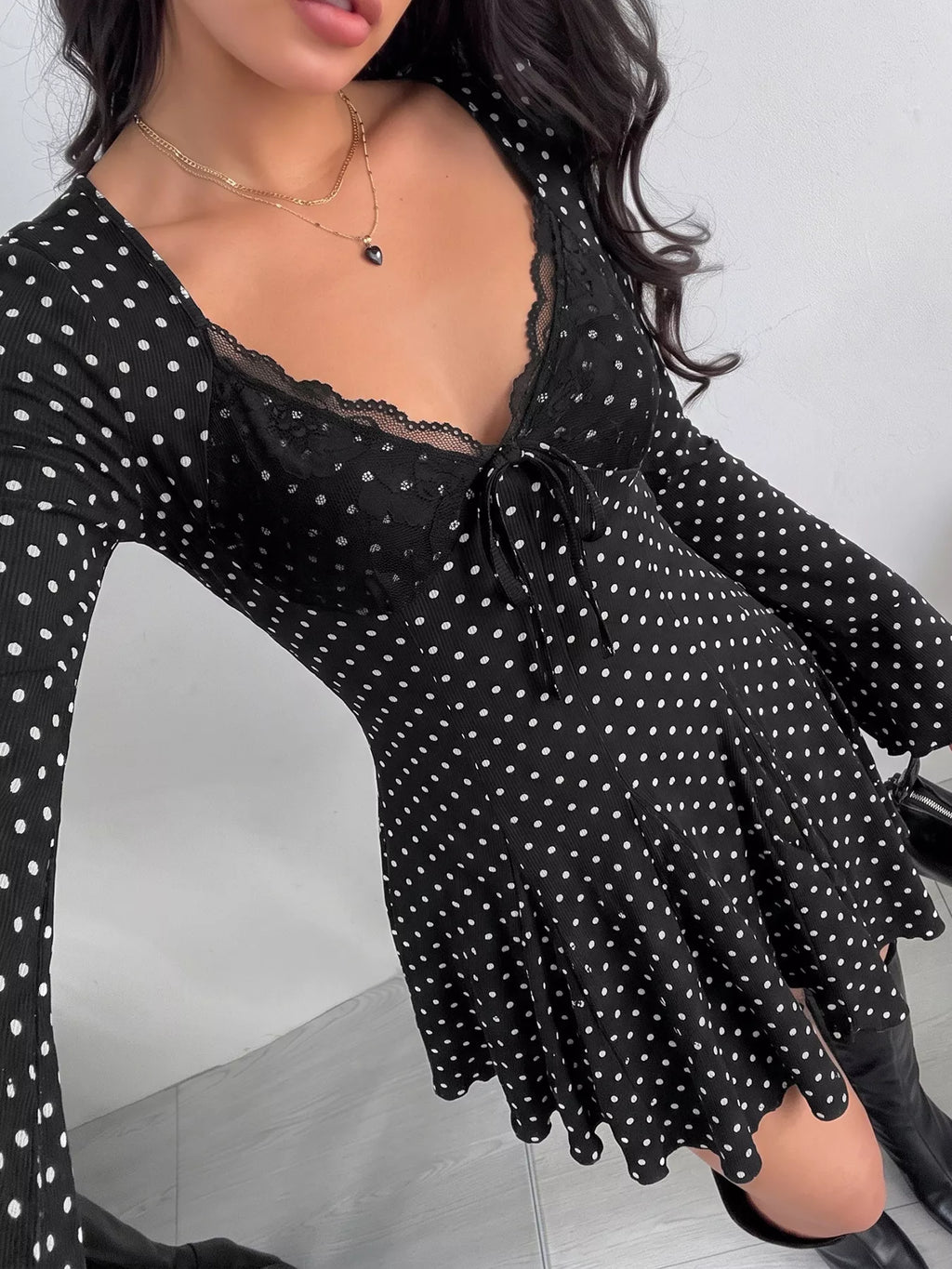 Polka Dot Lace Trimmed V-Neck Mini Dress - Draped in Grace