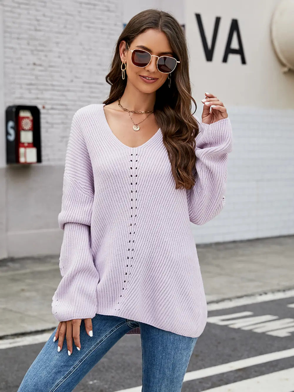 Openwork Dropped Shoulder Long Sleeve Sweater - Draped in Grace