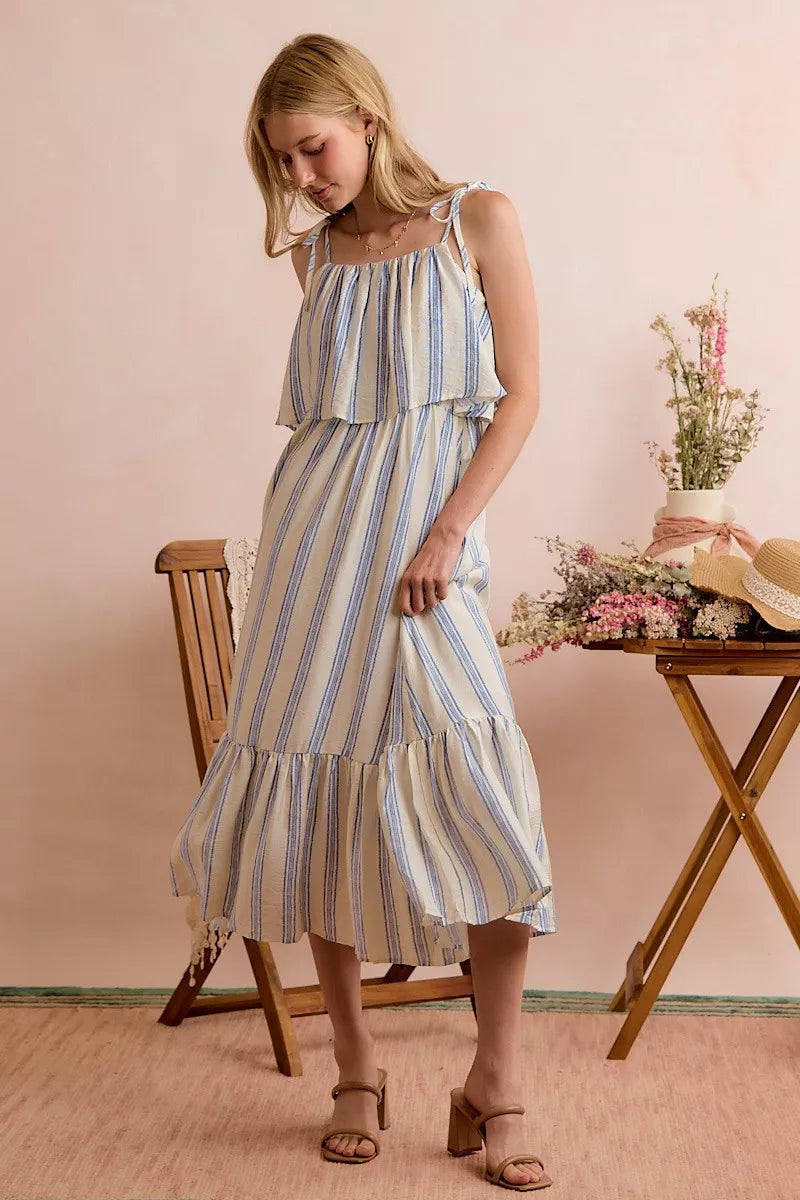 SO ME Stripe Tiered Shoulder Tie Midi Lined Dress - Draped in Grace