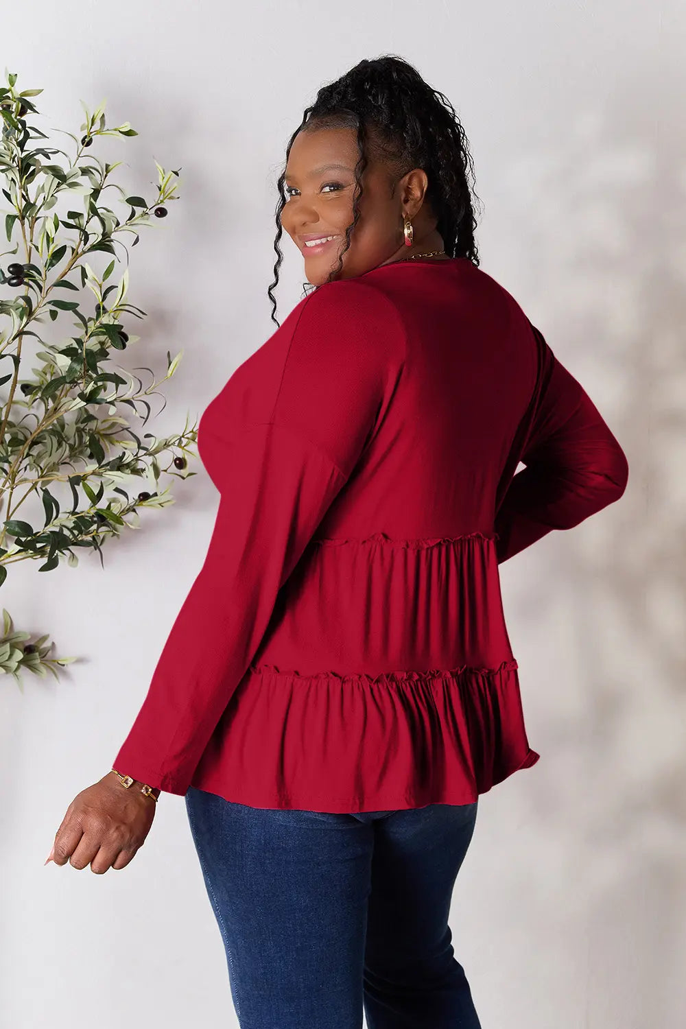 Double Take Half Button Long Sleeve Ruffle Hem Blouse - Draped in Grace