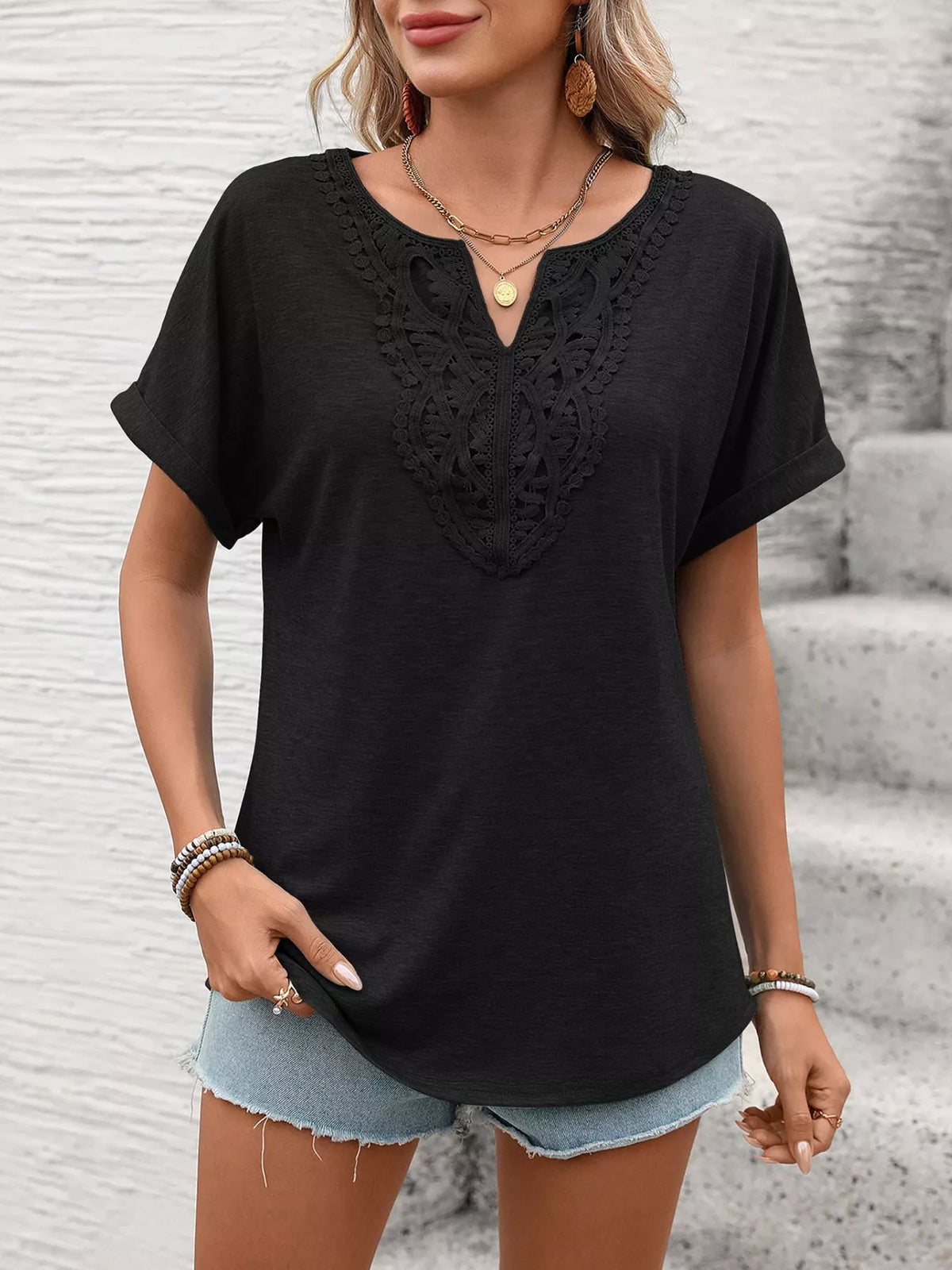Lace Trim Short Sleeve T-Shirt - Draped in Grace