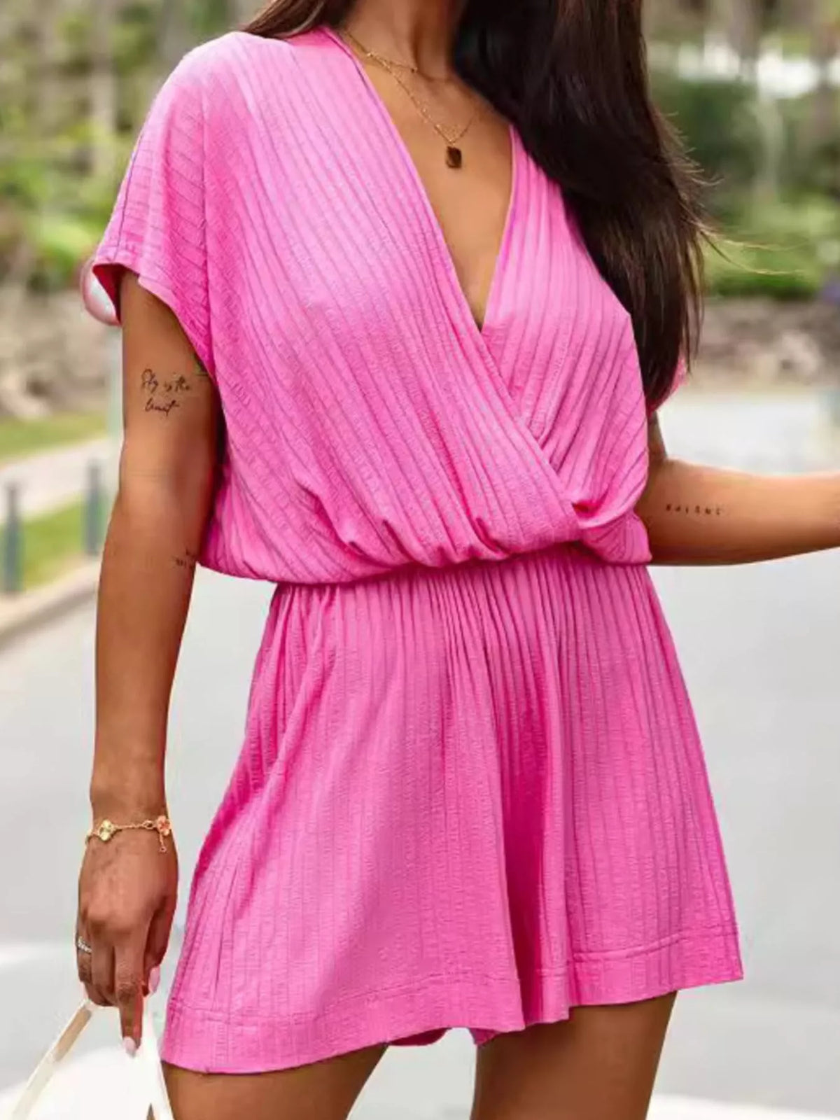 Short-Sleeve V-Neck Ribbed Romper - Draped in Grace