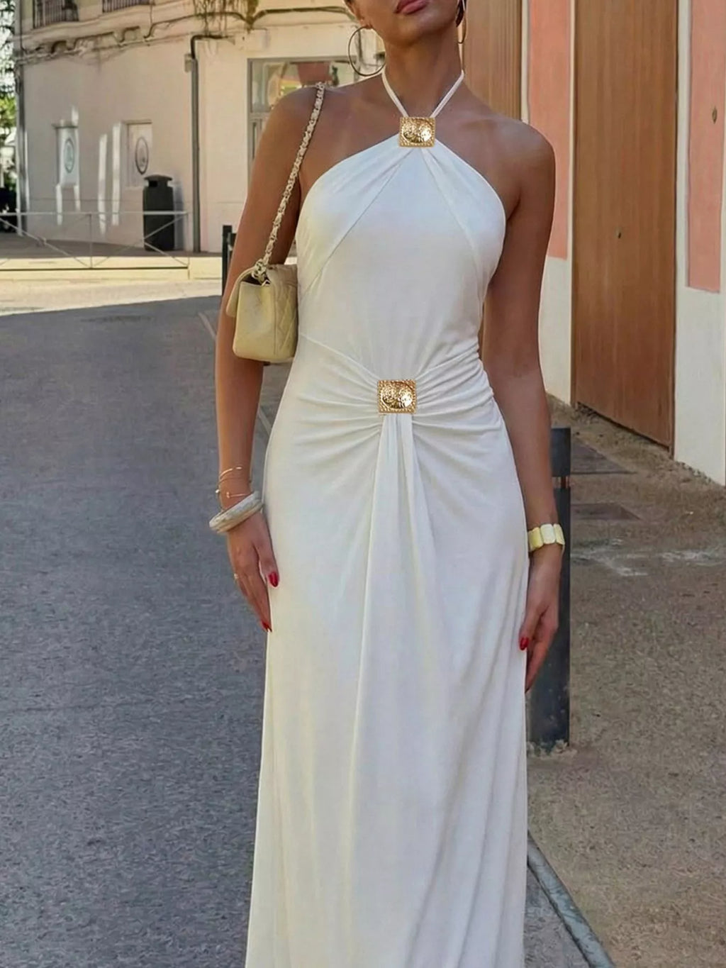 Backless Ruched Halter Neck Maxi Dress - Draped in Grace