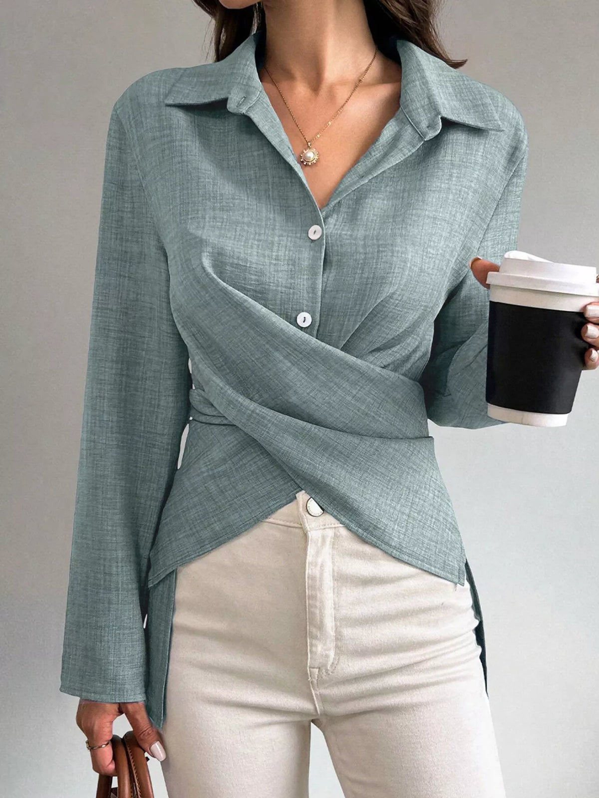 Criss-Cross Wrap Front Long Sleeve Shirt - Draped in Grace