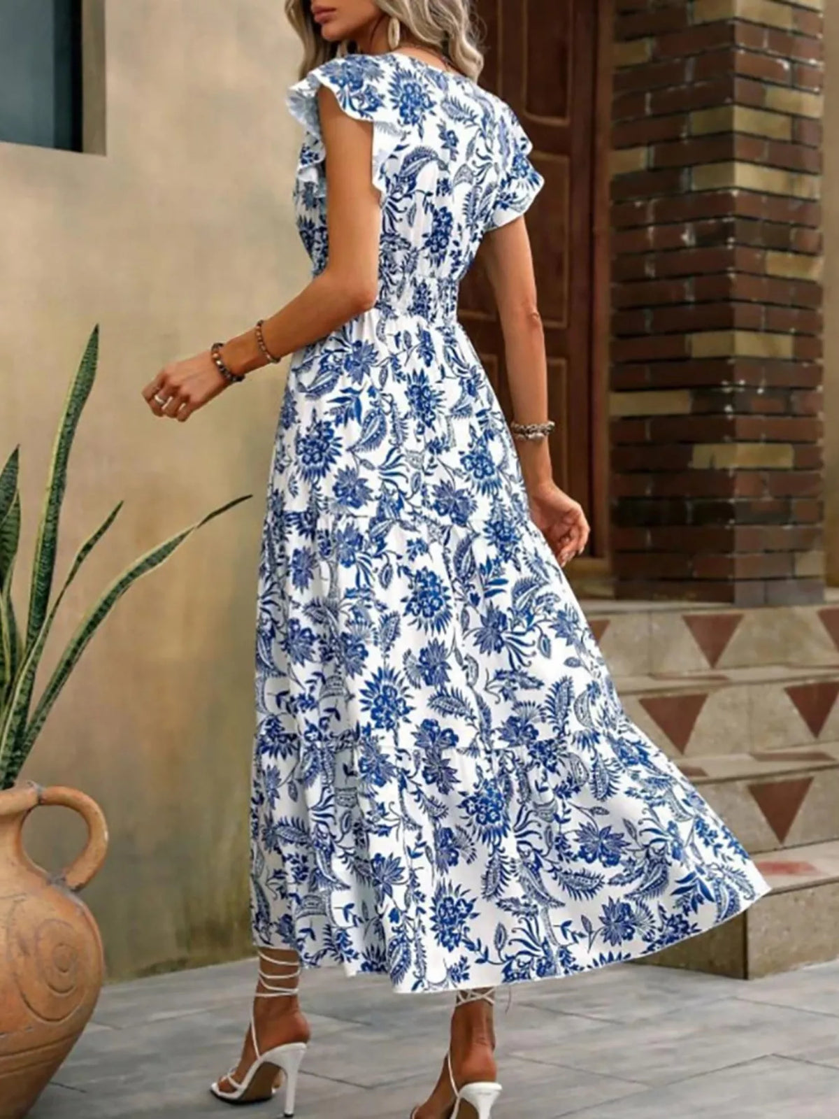 Floral Print Ruffle Sleeve Midi Dress - Draped in Grace