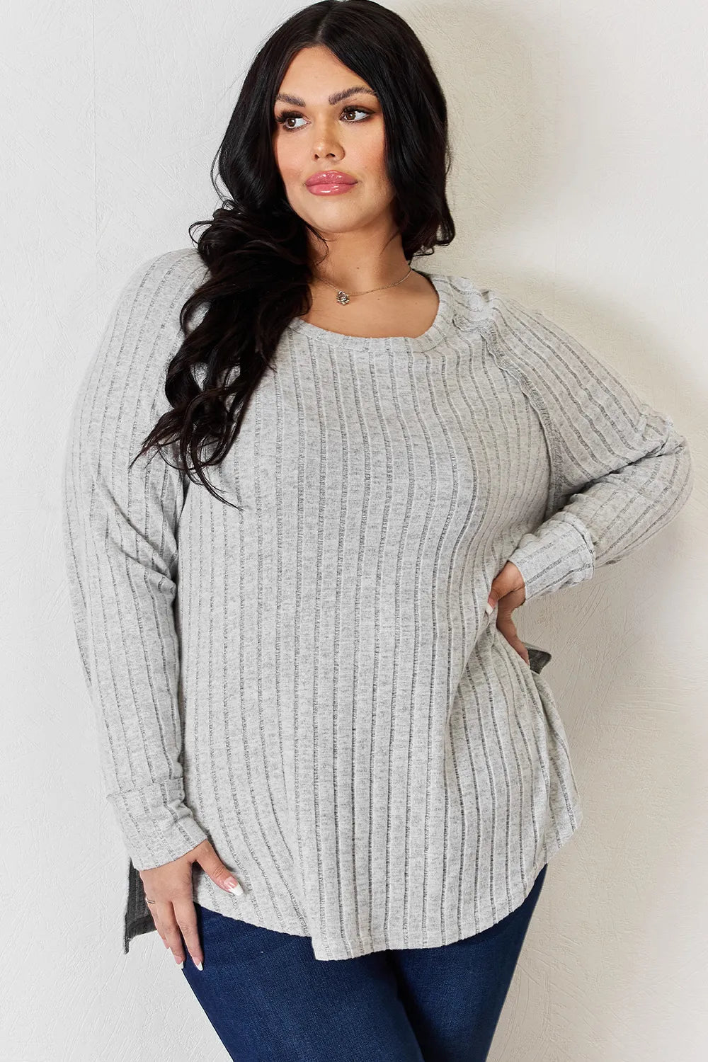 Basic Bae Full Size Ribbed Round Neck Slit T-Shirt - Draped in Grace