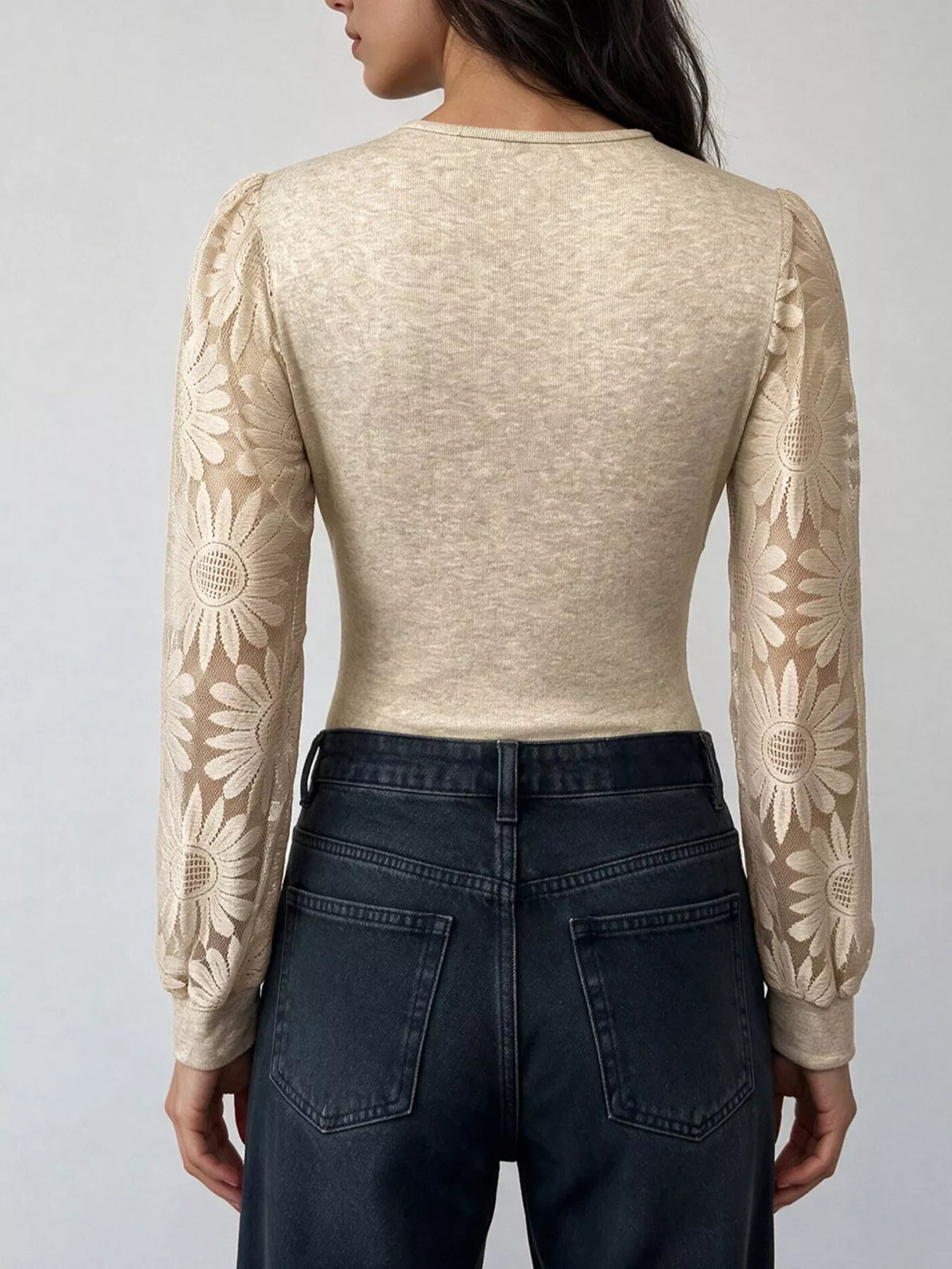 V-Neck Lace Trim Floral Mesh Sleeve Bodysuit - Draped in Grace