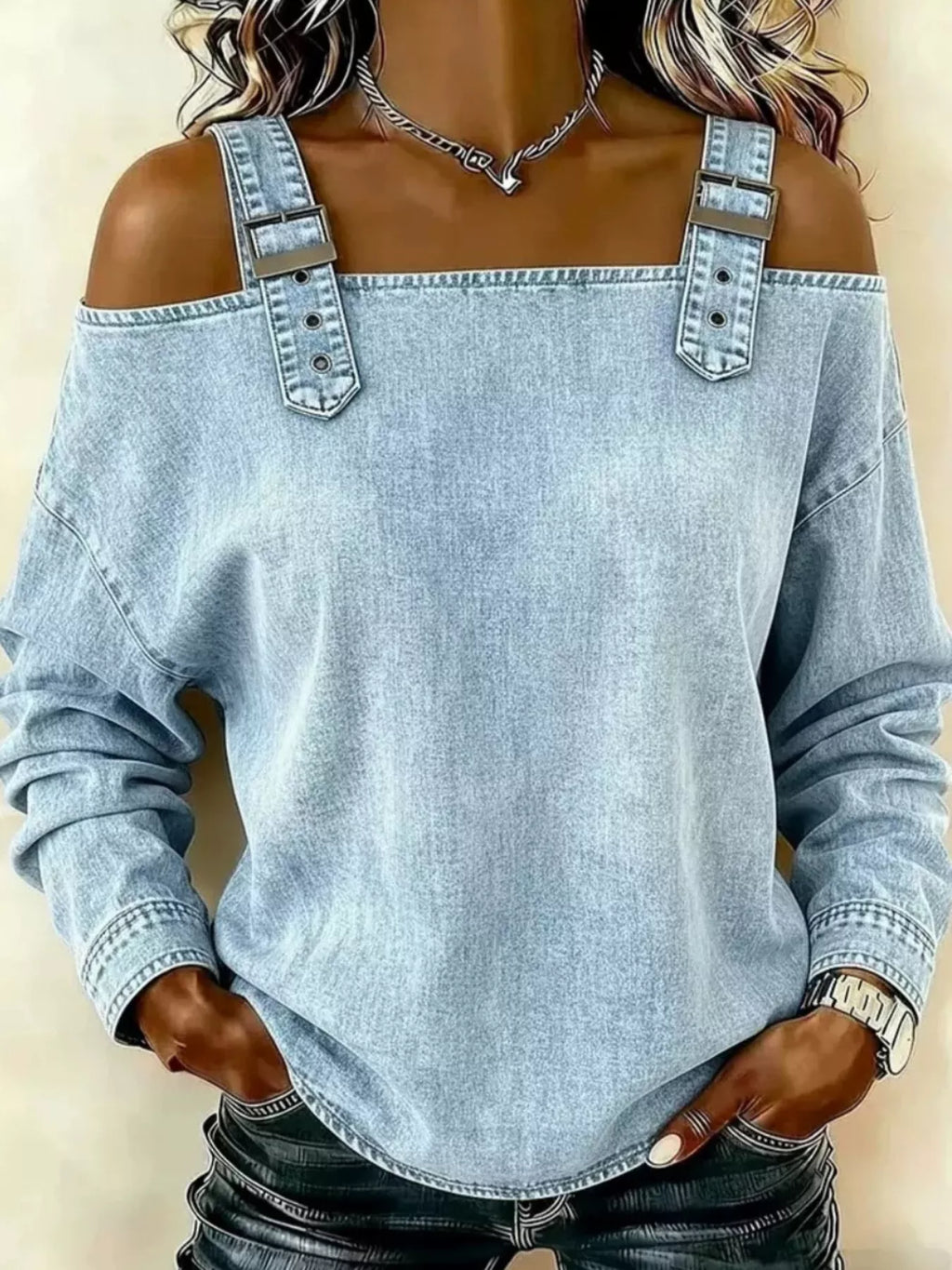 Full Size Buckle Strap Long Sleeve Denim Top Plus Size - Draped in Grace