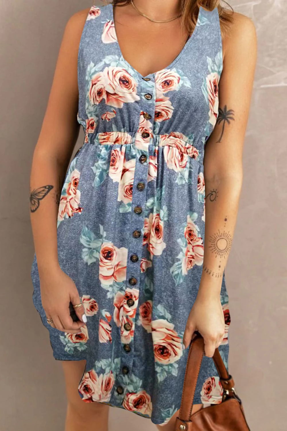 Double Take Printed Sleeveless Front Button Ruched Waist Side Slit Casual Magic Dress with Pockets - Draped in Grace