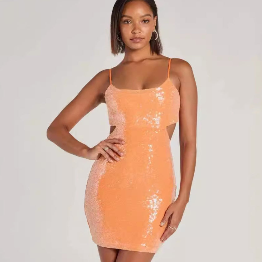 Sequin Backless Cutout Strap Bodycon Dress - Draped in Grace