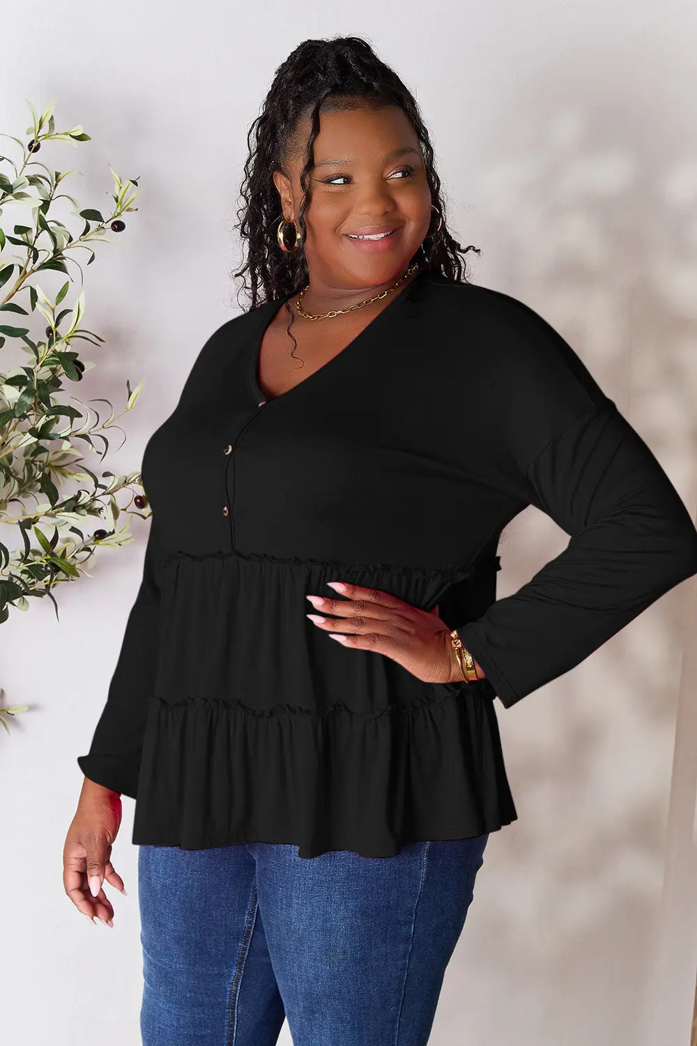 Double Take Half Button Long Sleeve Ruffle Hem Blouse - Draped in Grace