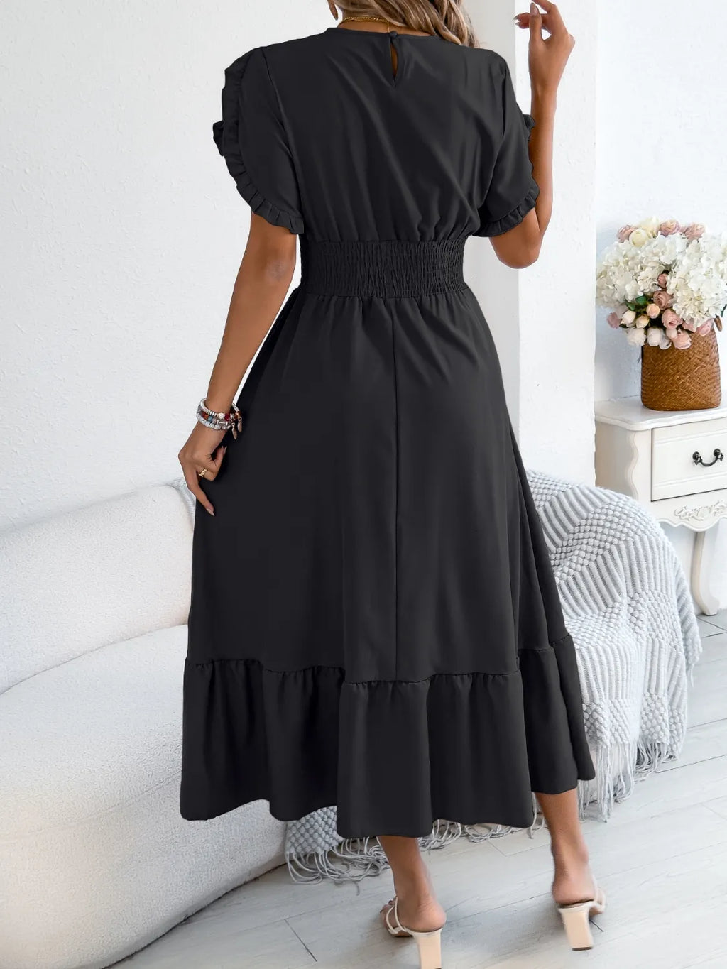 Smocked Frill Round Neck Midi Dress - Draped in Grace