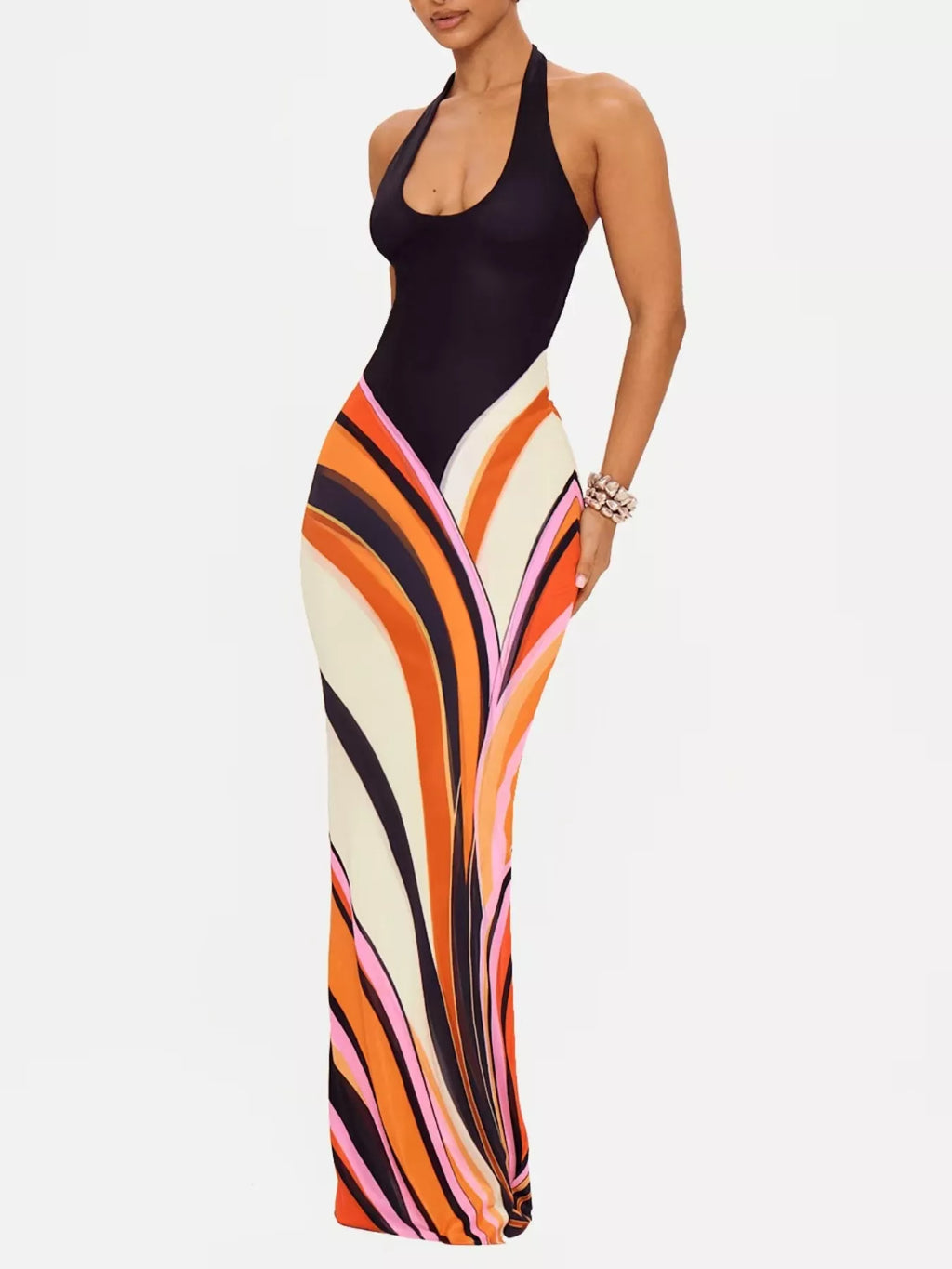 Halter Neck Maxi Dress with Abstract Print - Draped in Grace