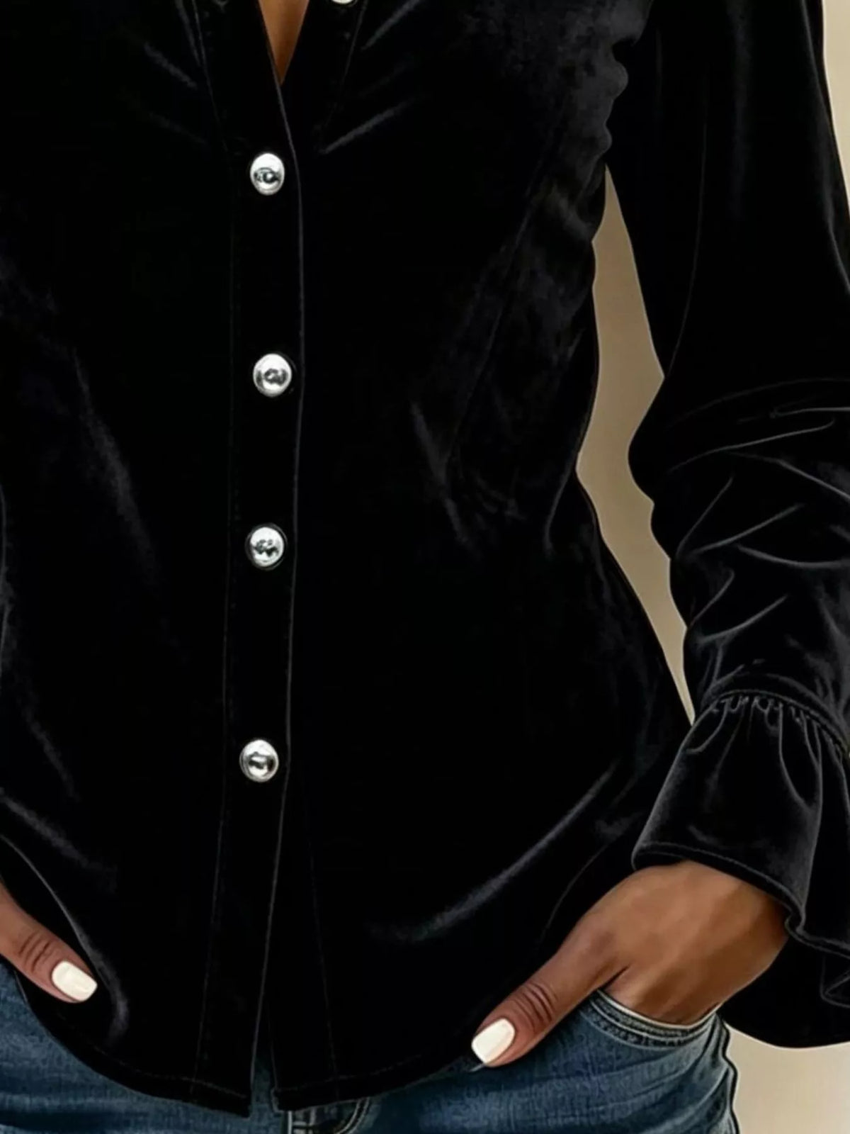 Full Size Button Up Flounce Sleeve Shirt Plus Size - Draped in Grace