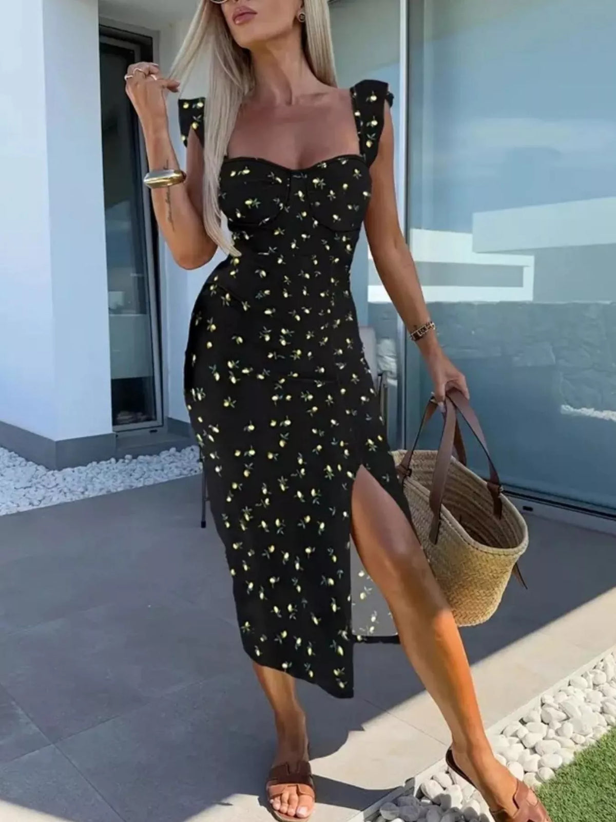 Slit Sweetheart Neck Midi Dress - Draped in Grace