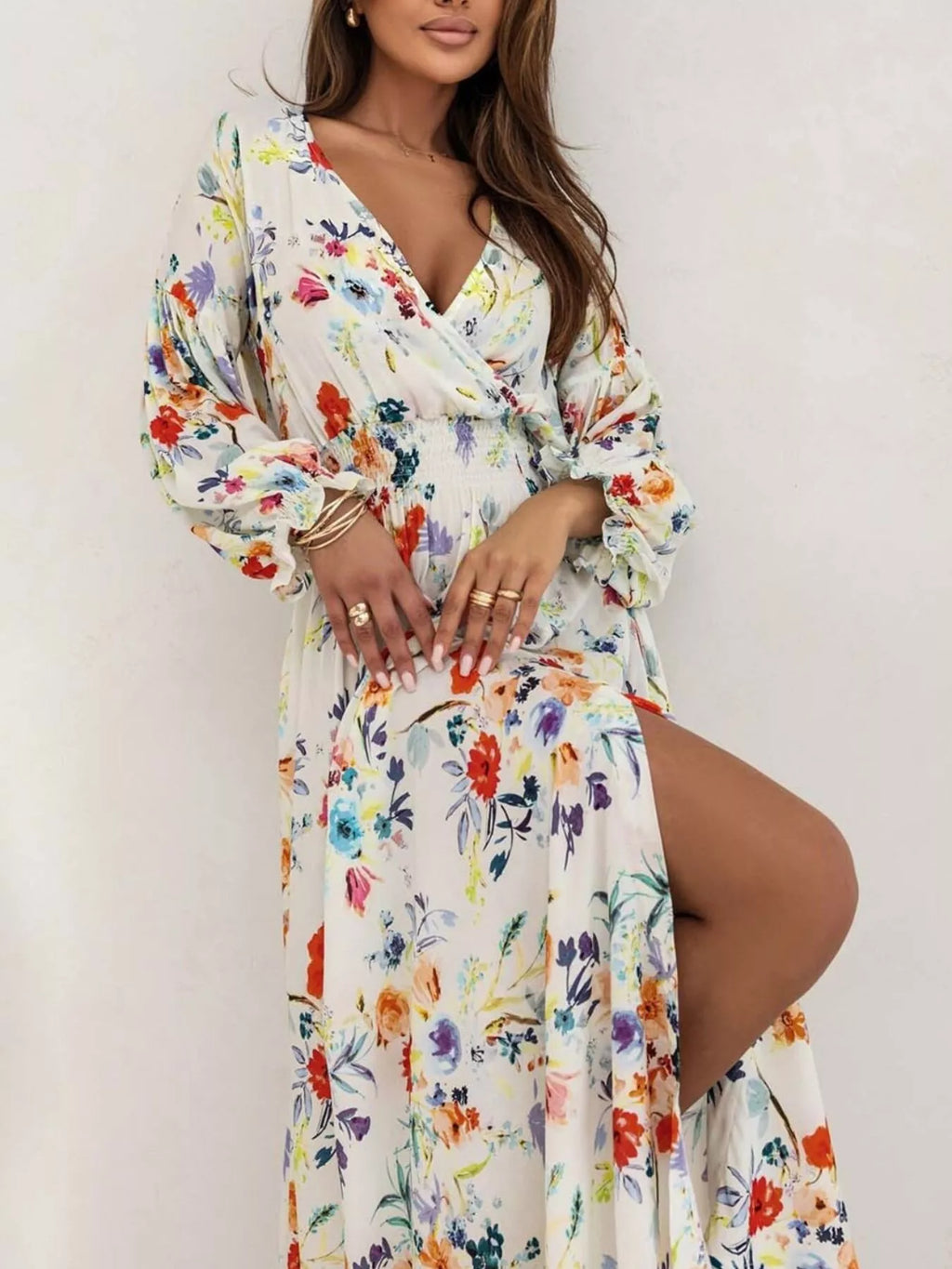 Bohemian Printed Maxi Dress with Plunging Neckline - Draped in Grace