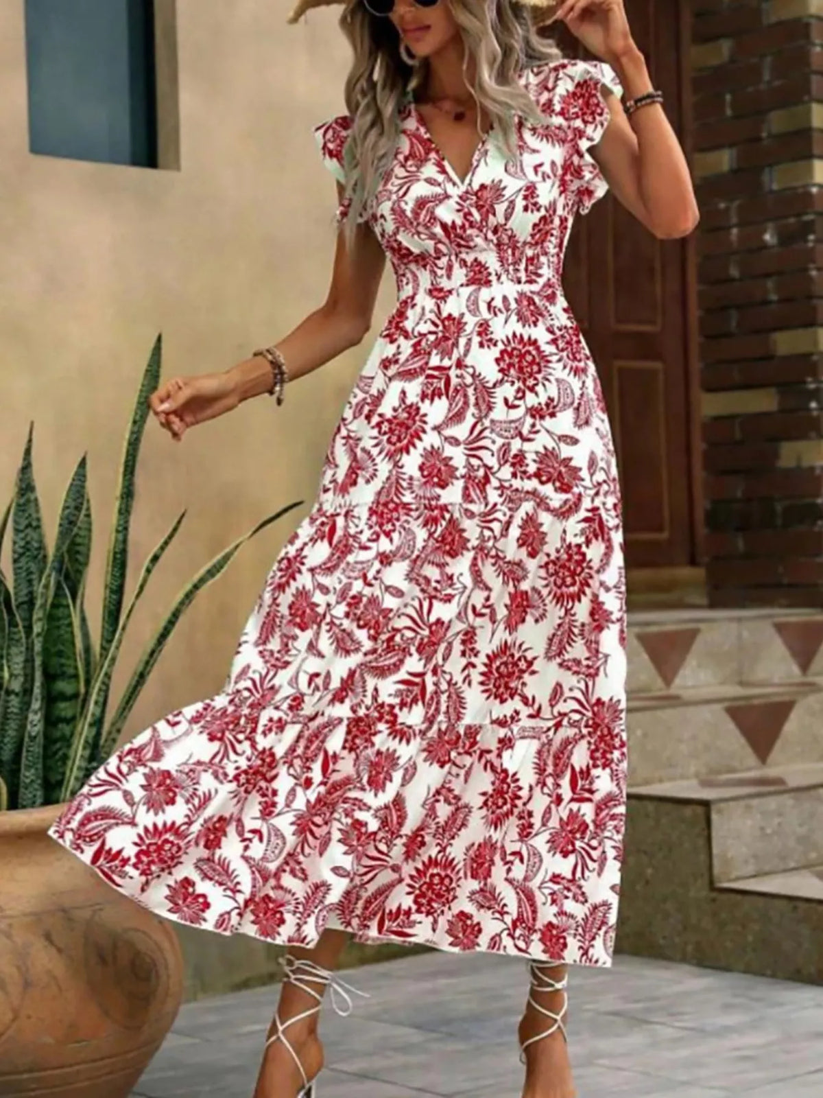 Floral Print Ruffle Sleeve Midi Dress - Draped in Grace