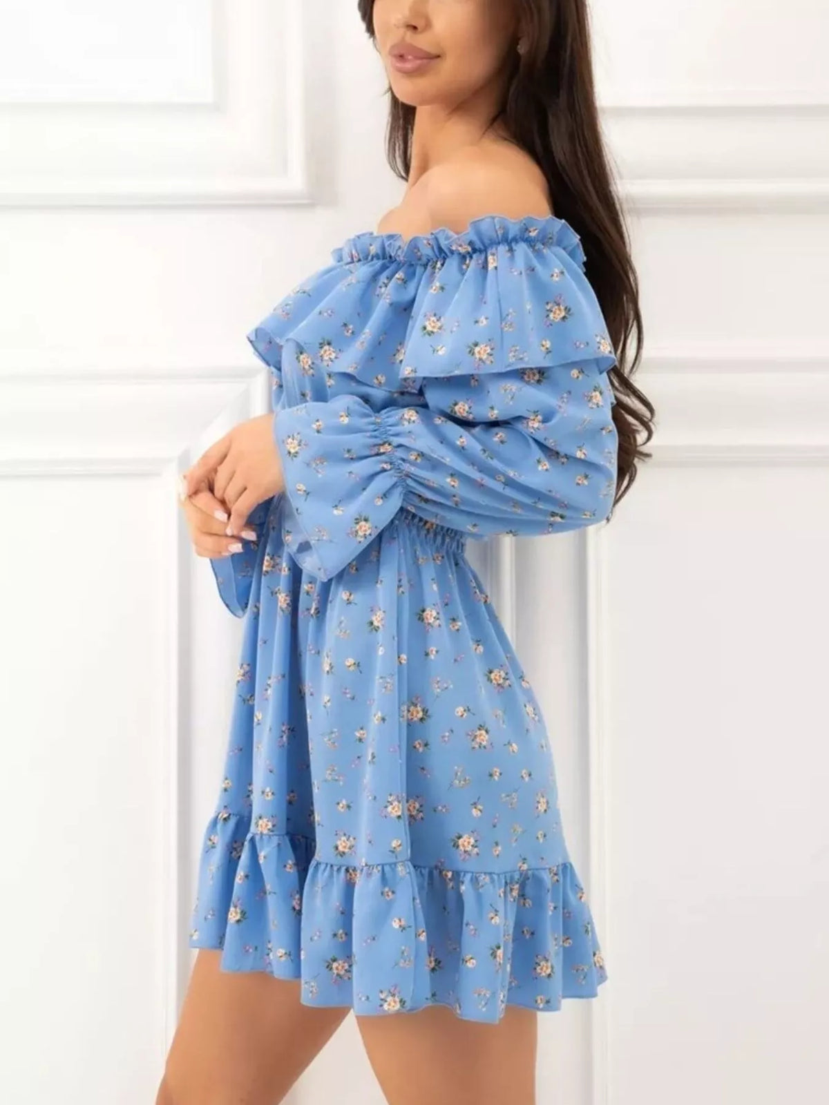 Off-Shoulder Floral Print Ruffle Dress - Draped in Grace