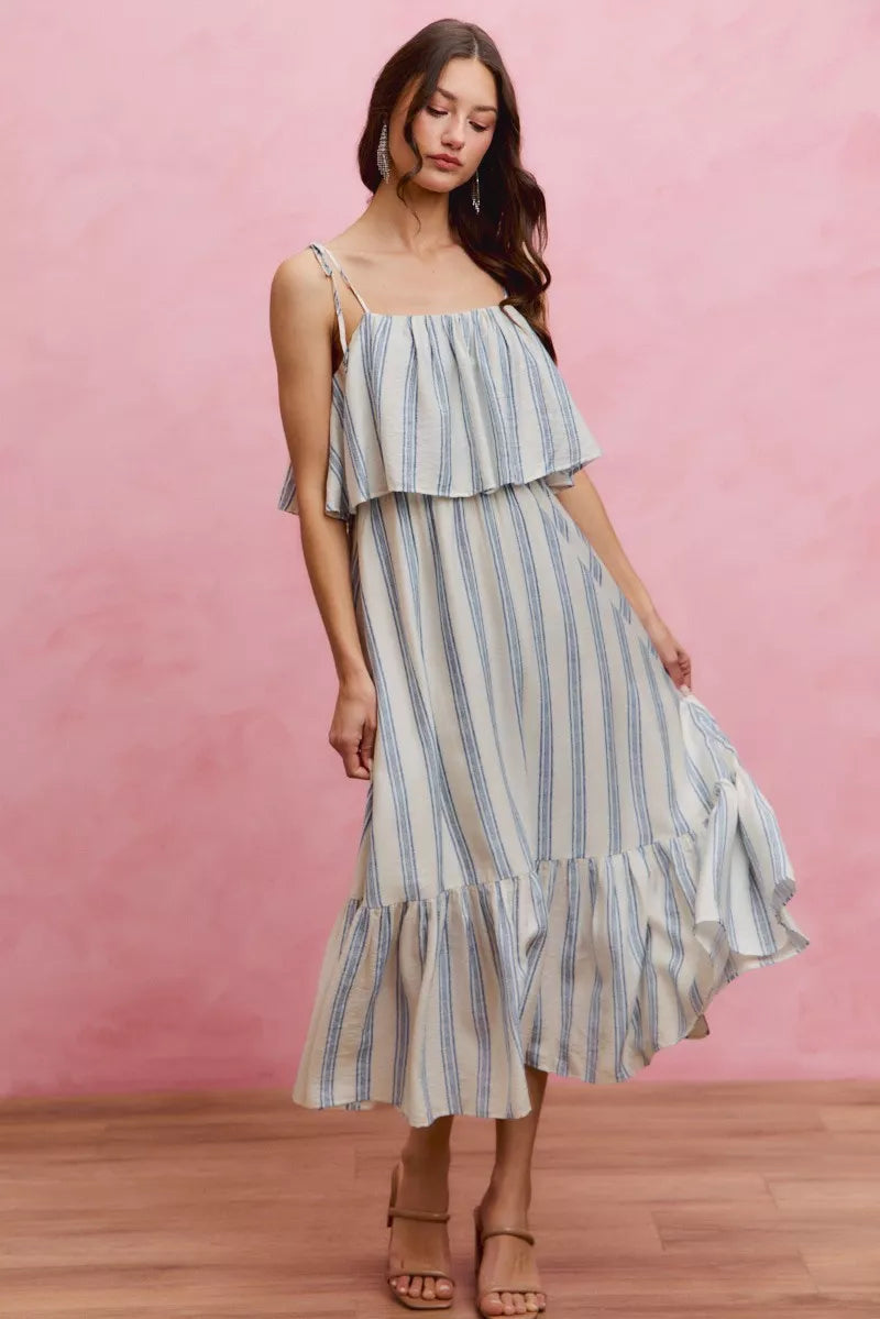 SO ME Stripe Tiered Shoulder Tie Midi Lined Dress - Draped in Grace