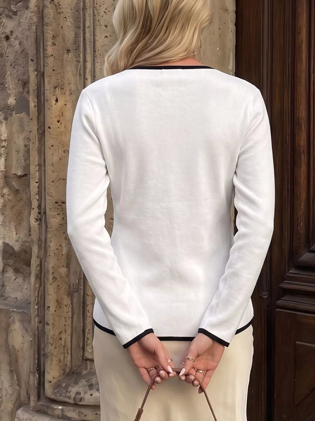 Contrast Trim Button Decor Knit Top - Draped in Grace
