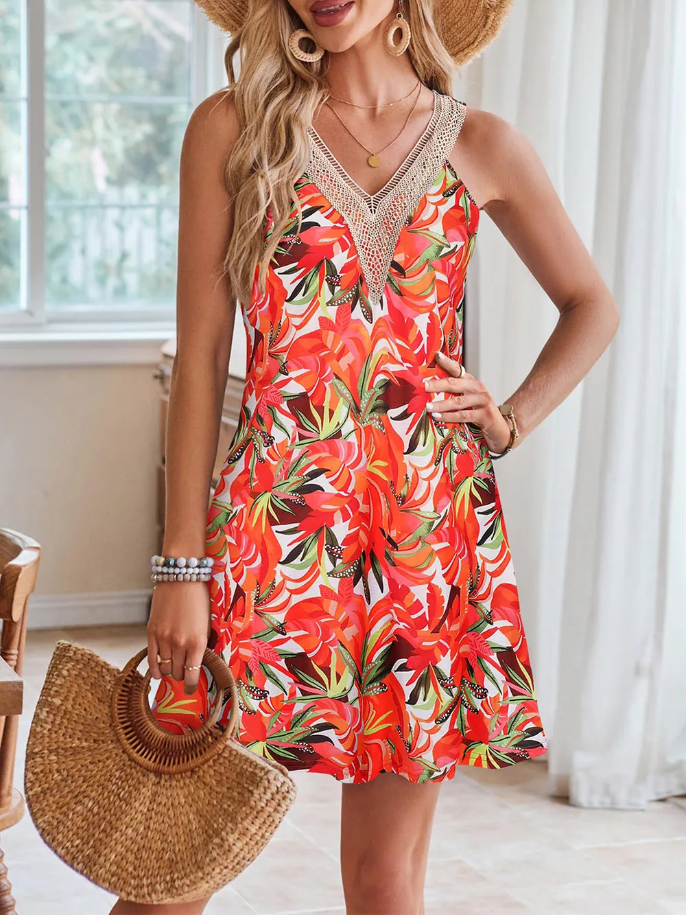 Lace Detail Printed V-Neck Sleeveless Dress - Draped in Grace