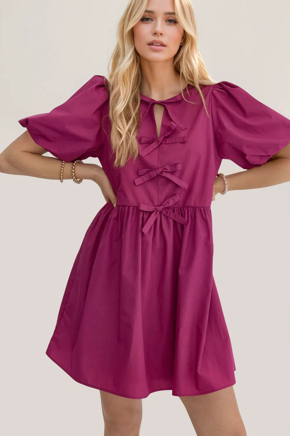 Oh Bow Ruched Puff Sleeve Mini Dress - Draped in Grace