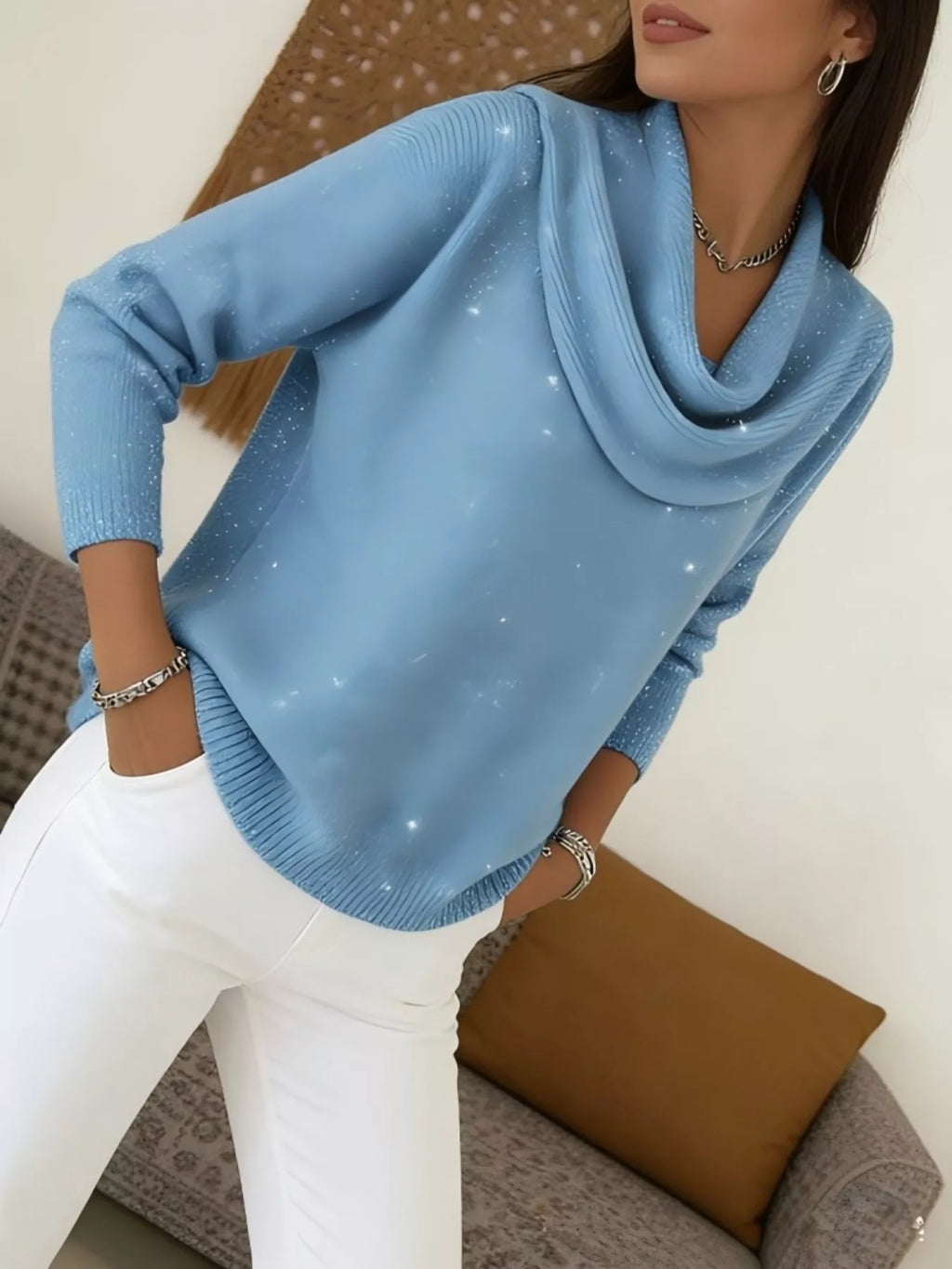 Full Size Solid Color Cowl Neck Sweater Plus Size - Draped in Grace