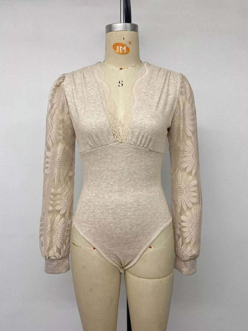 V-Neck Lace Trim Floral Mesh Sleeve Bodysuit - Draped in Grace