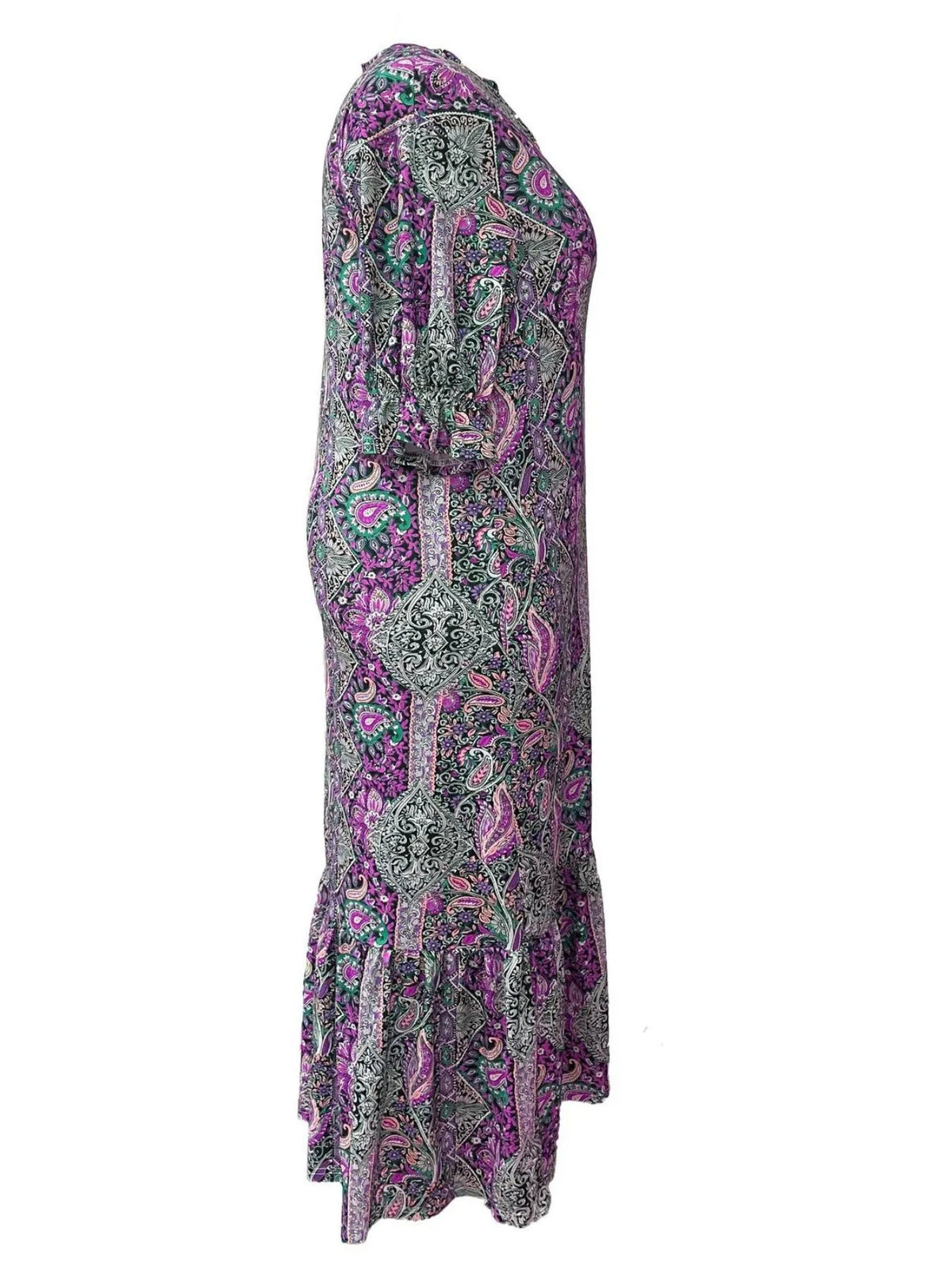 Full Size Bohemian Paisley Print Ruffle Hem Midi Dress Plus Size - Draped in Grace