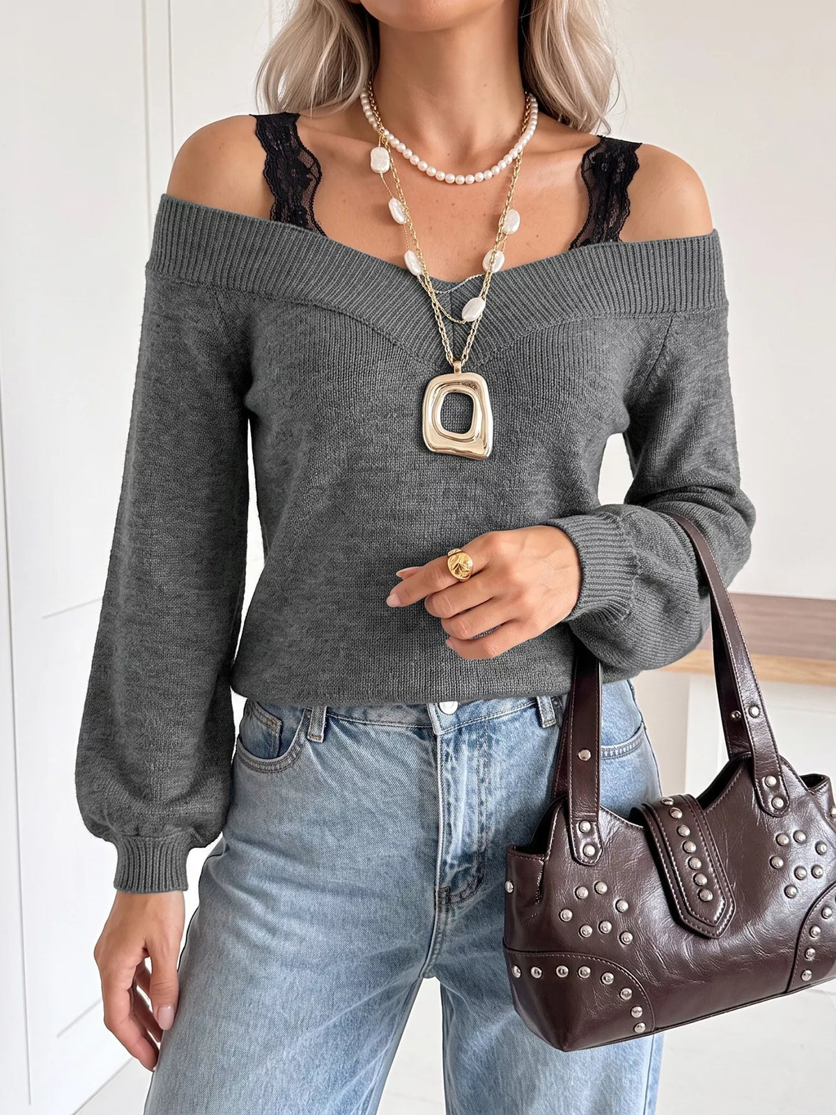 Off-Shoulder Lace Trim Sweater - Draped in Grace