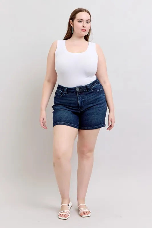 Judy Blue Full Size High Waist Back Flap Pocket Denim Shorts Plus Size - Draped in Grace